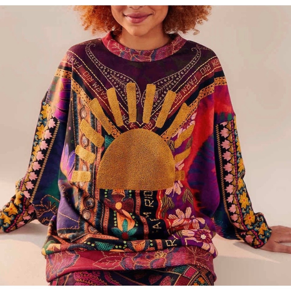 FARM Rio Mixed Scarves Sweatshirt Sun Appliqué Oversized Pullover S Art to Wear